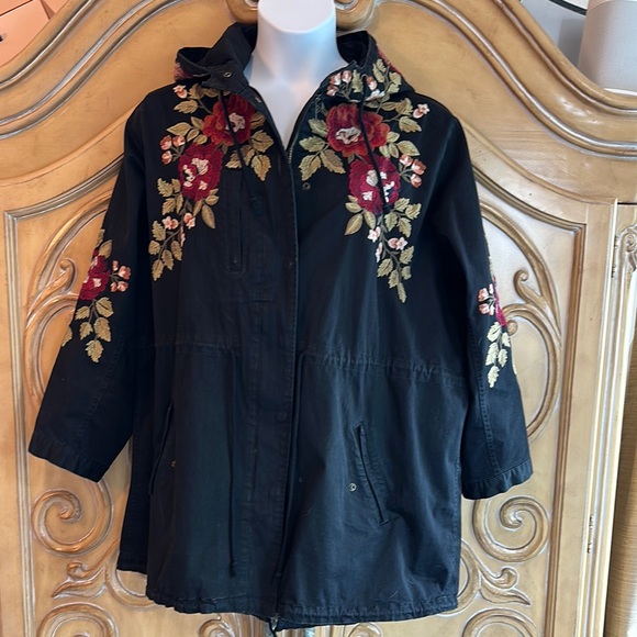 Johnny Was Black and Red Utility Jacket with Floral...